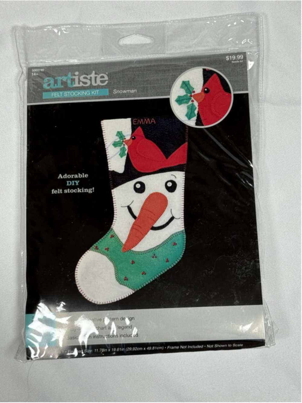 Artiste Felt Stocking Kit Snowman Cardinal Cardinal Bird 11.78x19.61” NEW